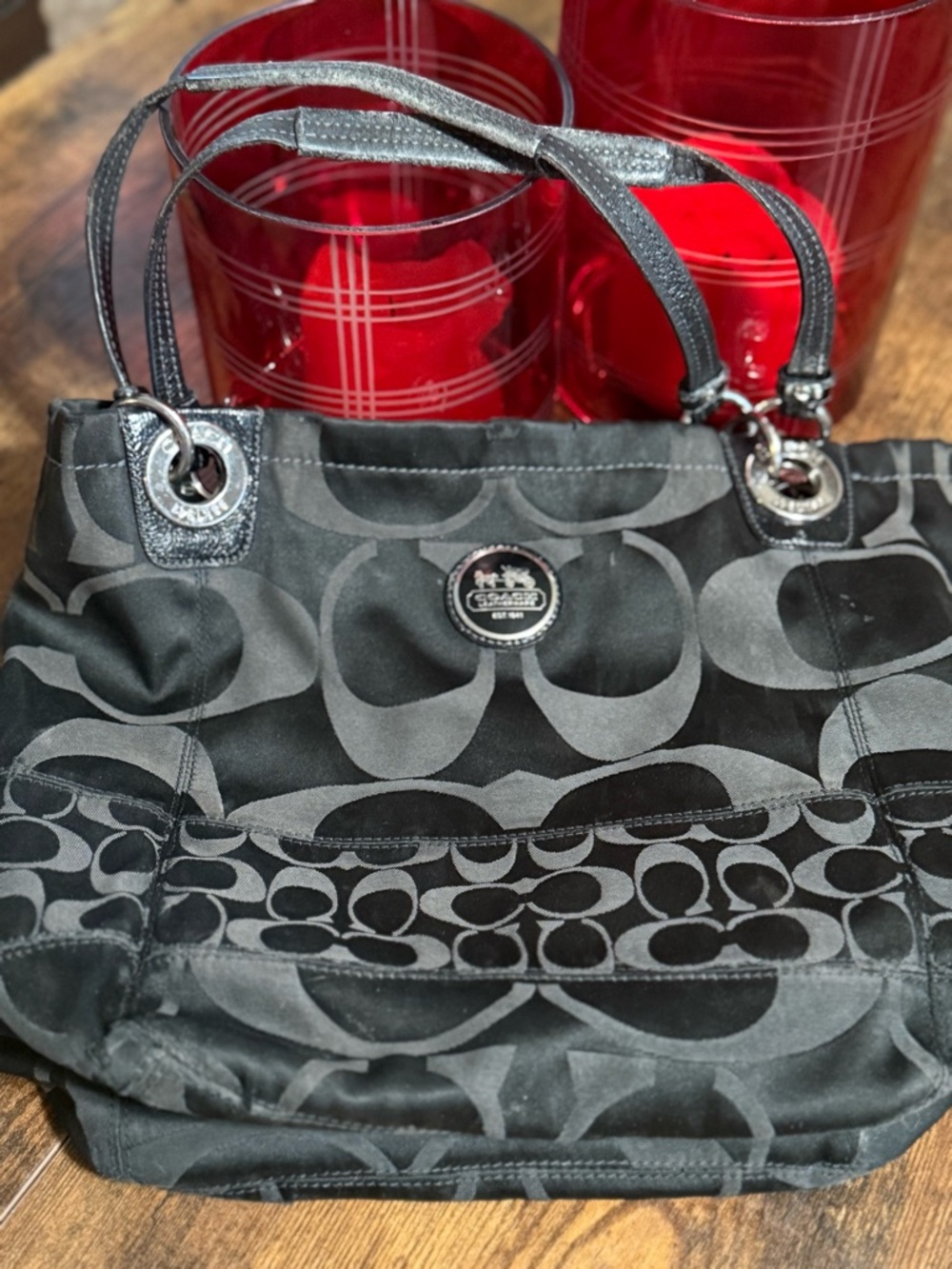 Coach Black Signature Logo Tote with Silver Accents